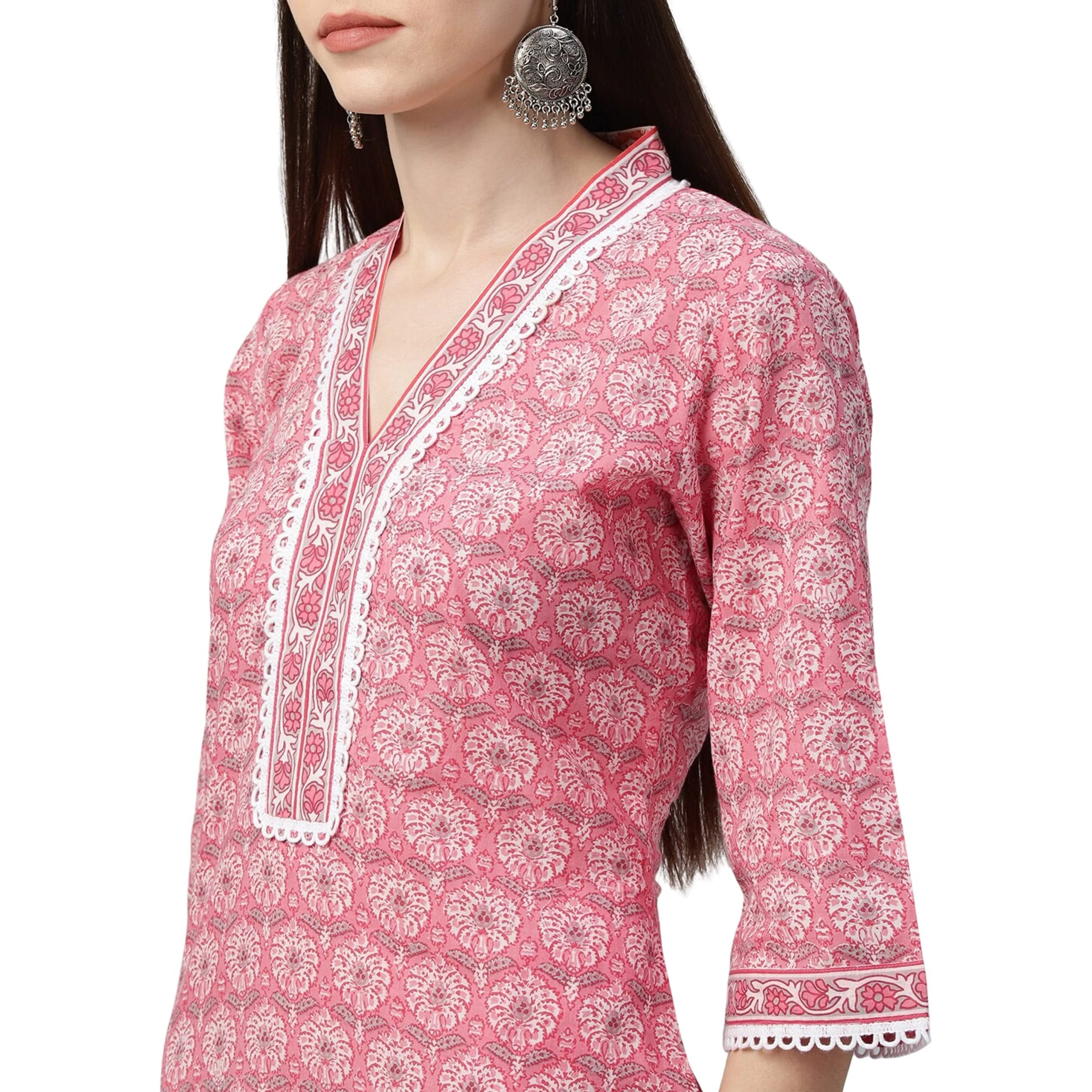 Rytras Women's Rayon Printed Straight Kurti With Palazzos And Dupatta Set (Large) Pink