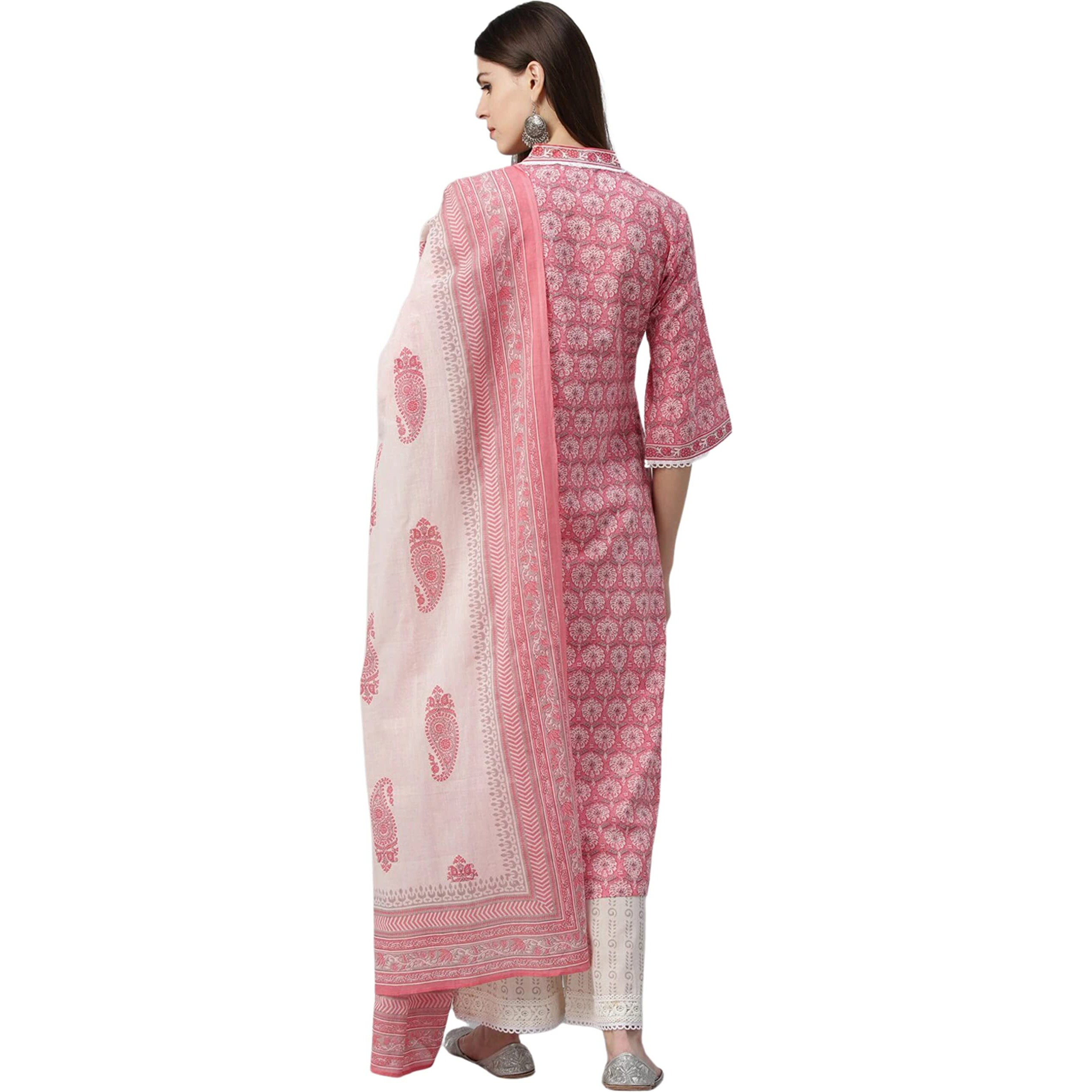 Rytras Women's Rayon Printed Straight Kurti With Palazzos And Dupatta Set (Medium) Pink