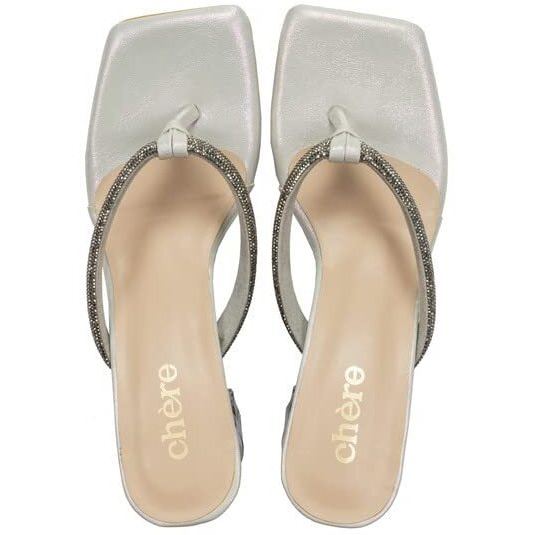 Chere Shiny Sequin Strap Diamond Cut Block Heels Sandal Silver 4