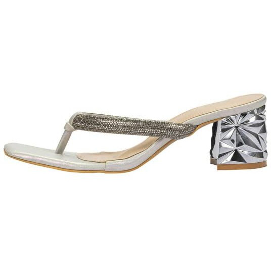 Chere Shiny Sequin Strap Diamond Cut Block Heels Sandal Silver 4