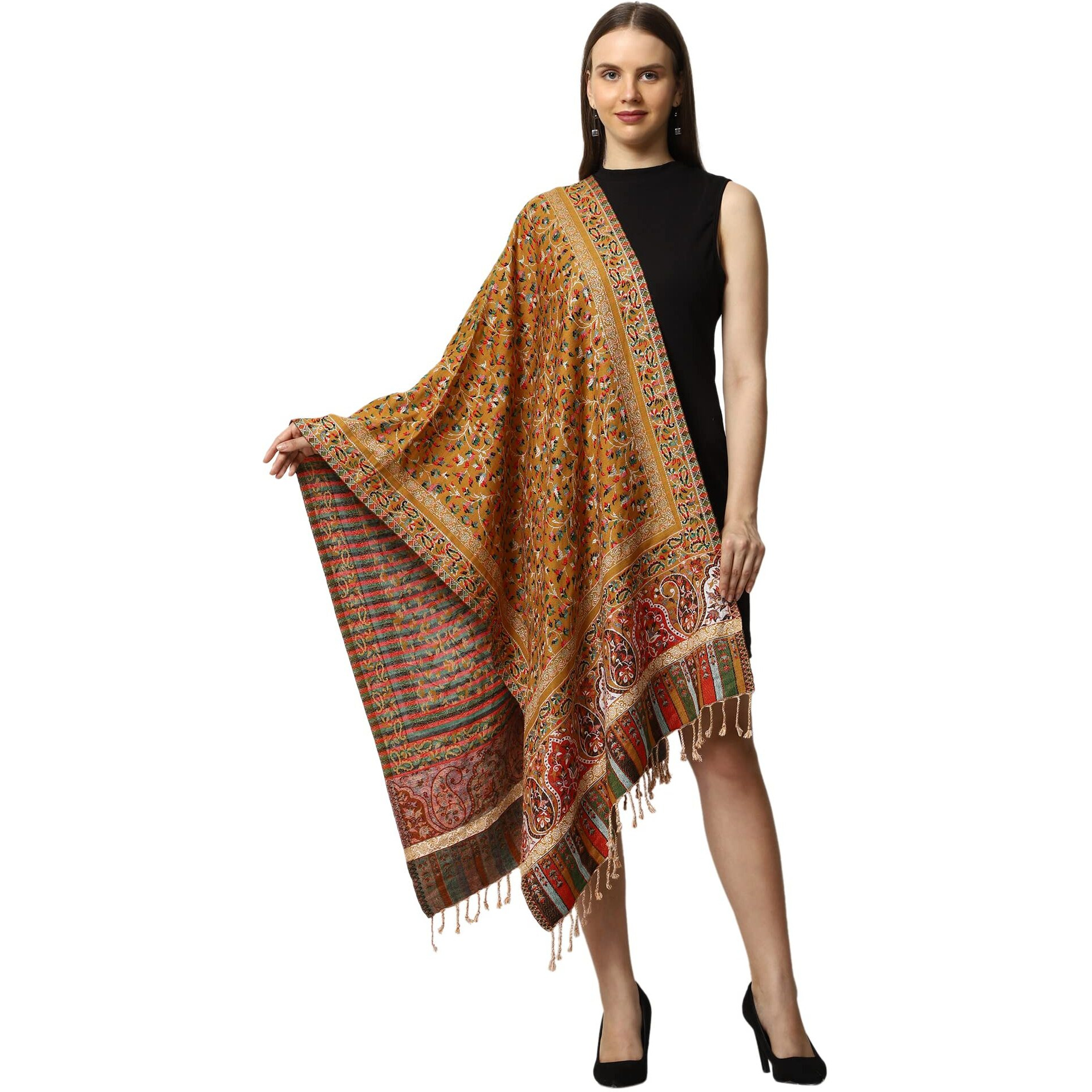 Swi With Label Women's Kashmiri Jamawar Woven Wool Stole (2K45_Mustard)