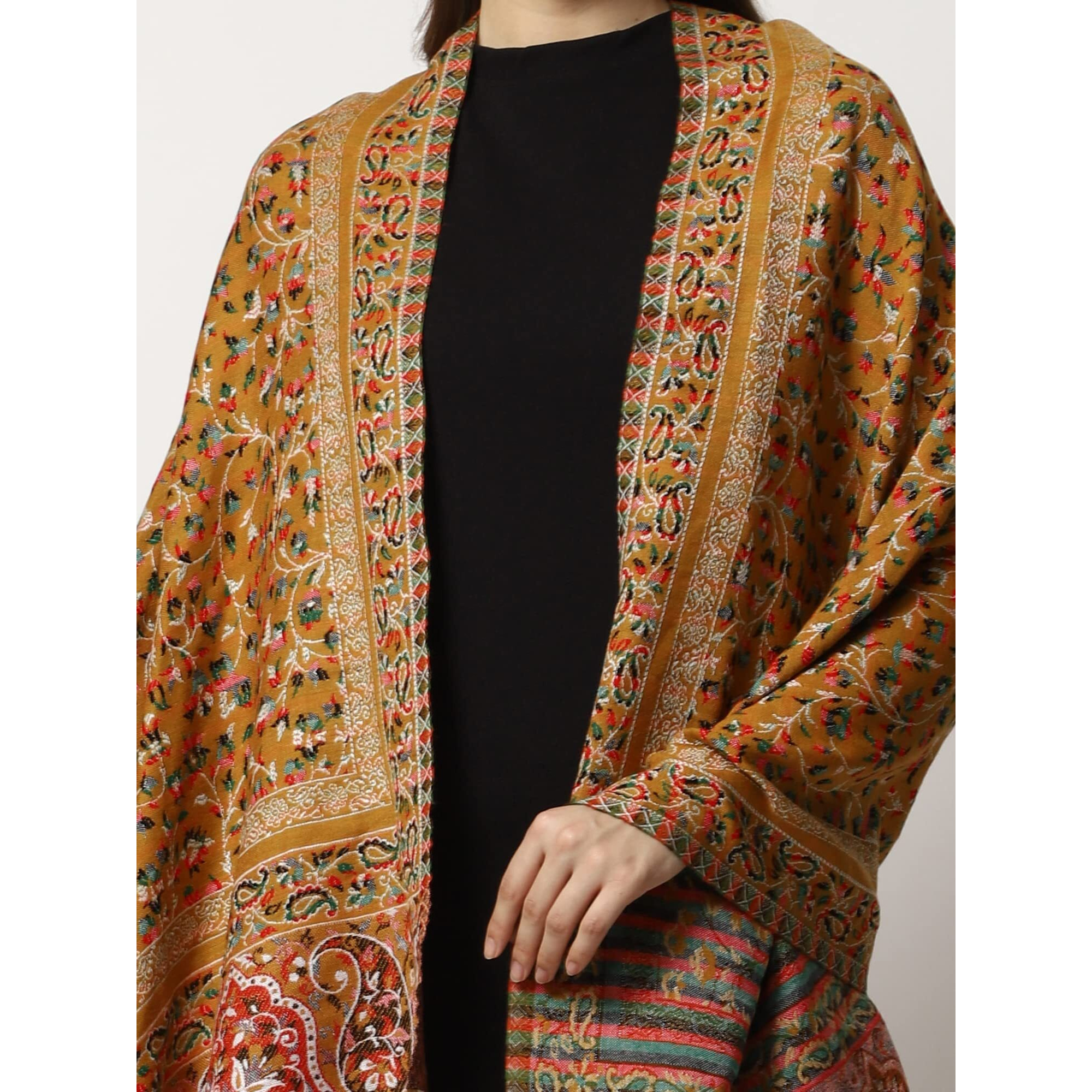 Swi With Label Women's Kashmiri Jamawar Woven Wool Stole (2K45_Mustard)