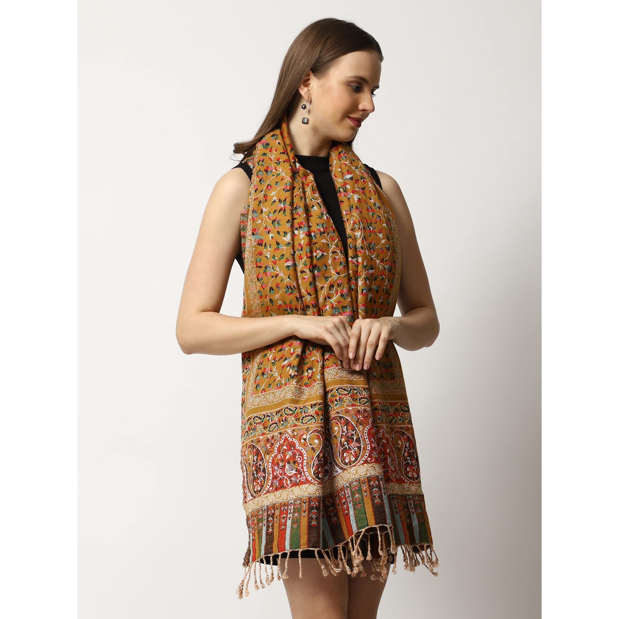 Swi With Label Women's Kashmiri Jamawar Woven Wool Stole (2K45_Mustard)