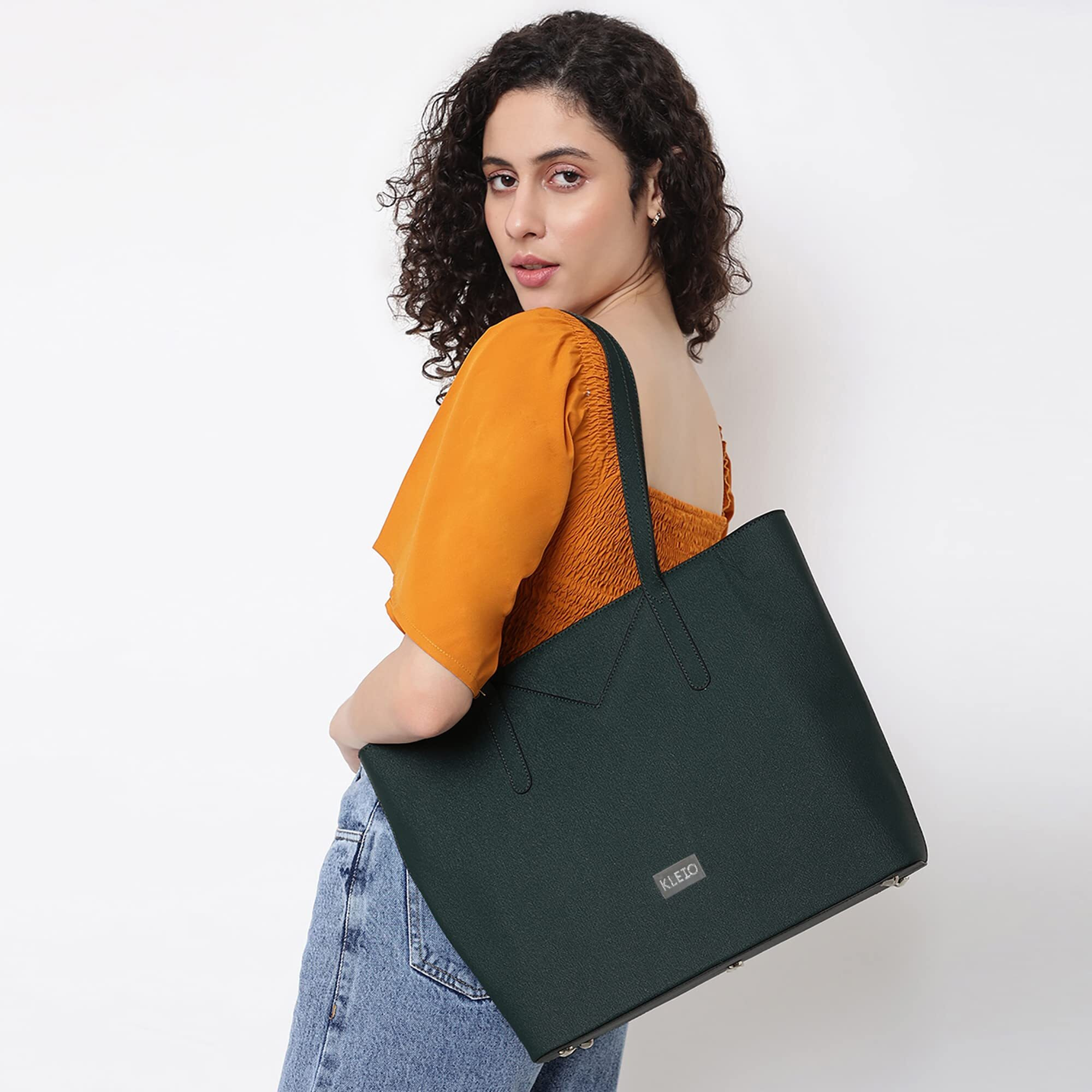Kleio Vegan Leather Office Tote Bag For Women (Dark Green) With Padded Laptop Compartment | Big Tote Bag For Girls | Spacious Laptop Tote Bag For Work & College