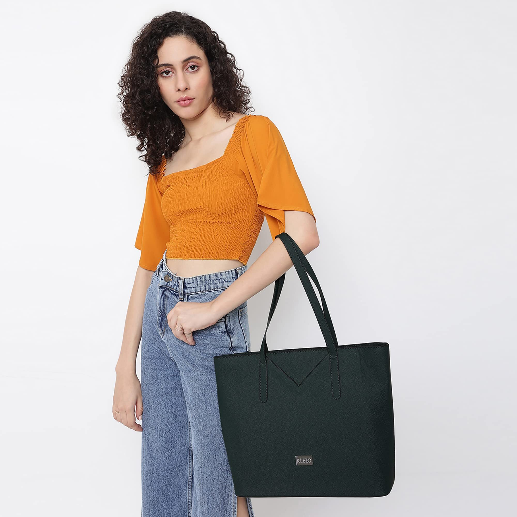 Kleio Vegan Leather Office Tote Bag For Women (Dark Green) With Padded Laptop Compartment | Big Tote Bag For Girls | Spacious Laptop Tote Bag For Work & College