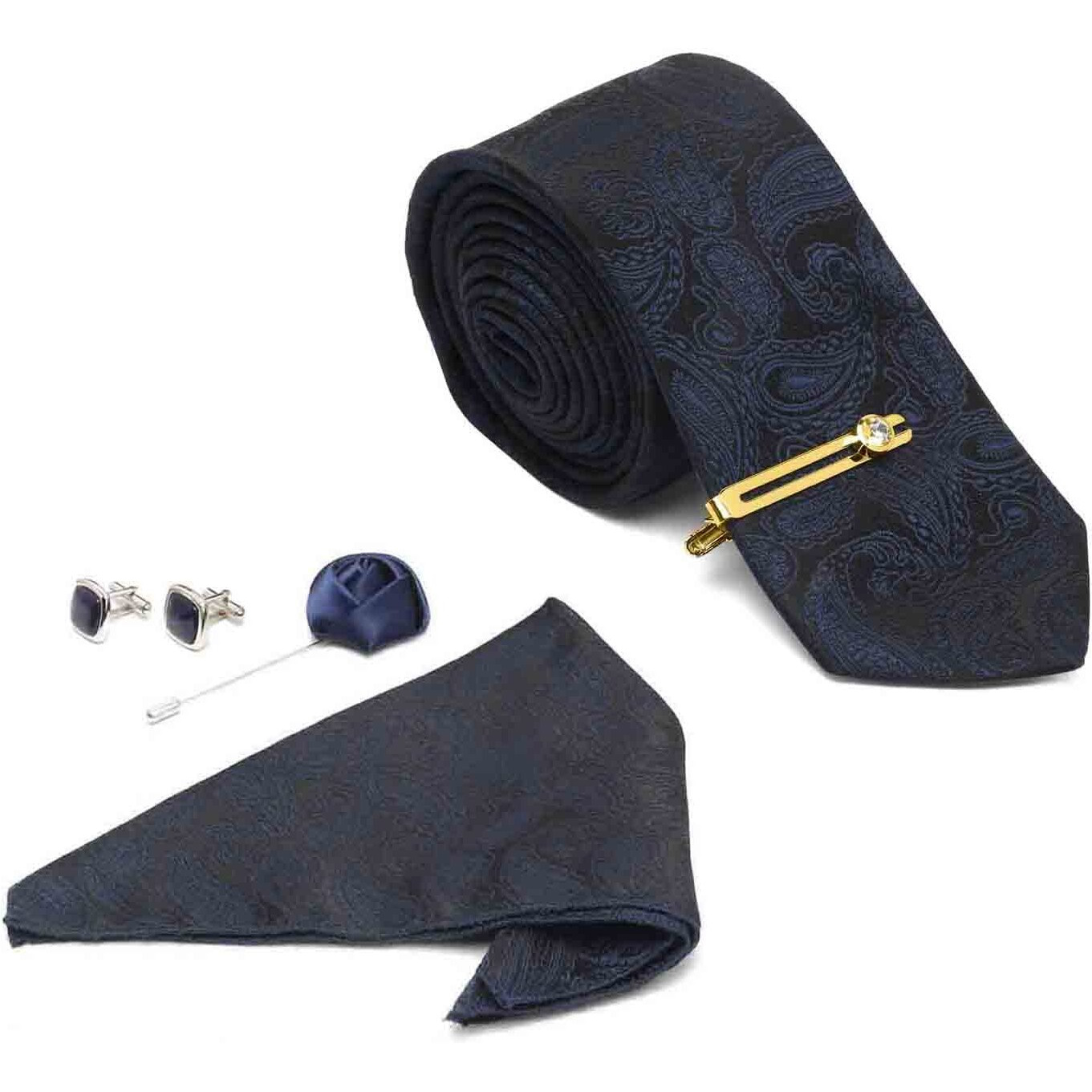 Louis Stitch Mens Space Blue Italian Silk Necktie Set Incl Pocket Square Cufflinks Golden Tiepin Brooch American Style Formal Tie Gift Set For Men (Tebu024Gp)