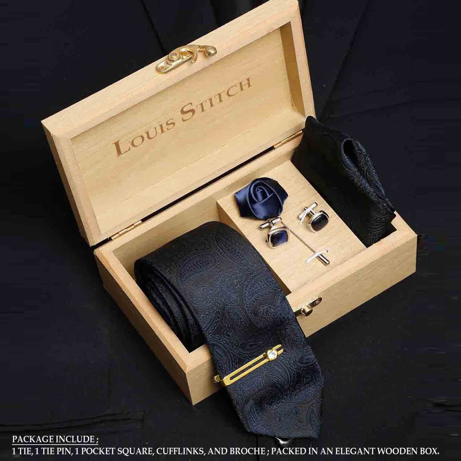 Louis Stitch Mens Space Blue Italian Silk Necktie Set Incl Pocket Square Cufflinks Golden Tiepin Brooch American Style Formal Tie Gift Set For Men (Tebu024Gp)