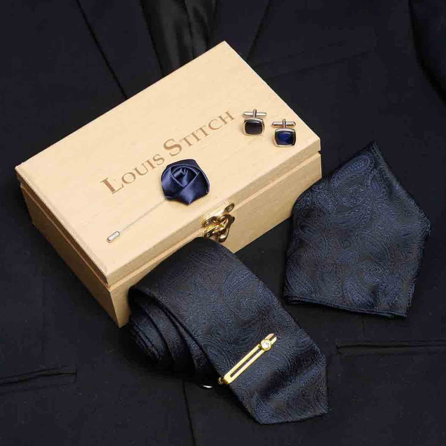 Louis Stitch Mens Space Blue Italian Silk Necktie Set Incl Pocket Square Cufflinks Golden Tiepin Brooch American Style Formal Tie Gift Set For Men (Tebu024Gp)