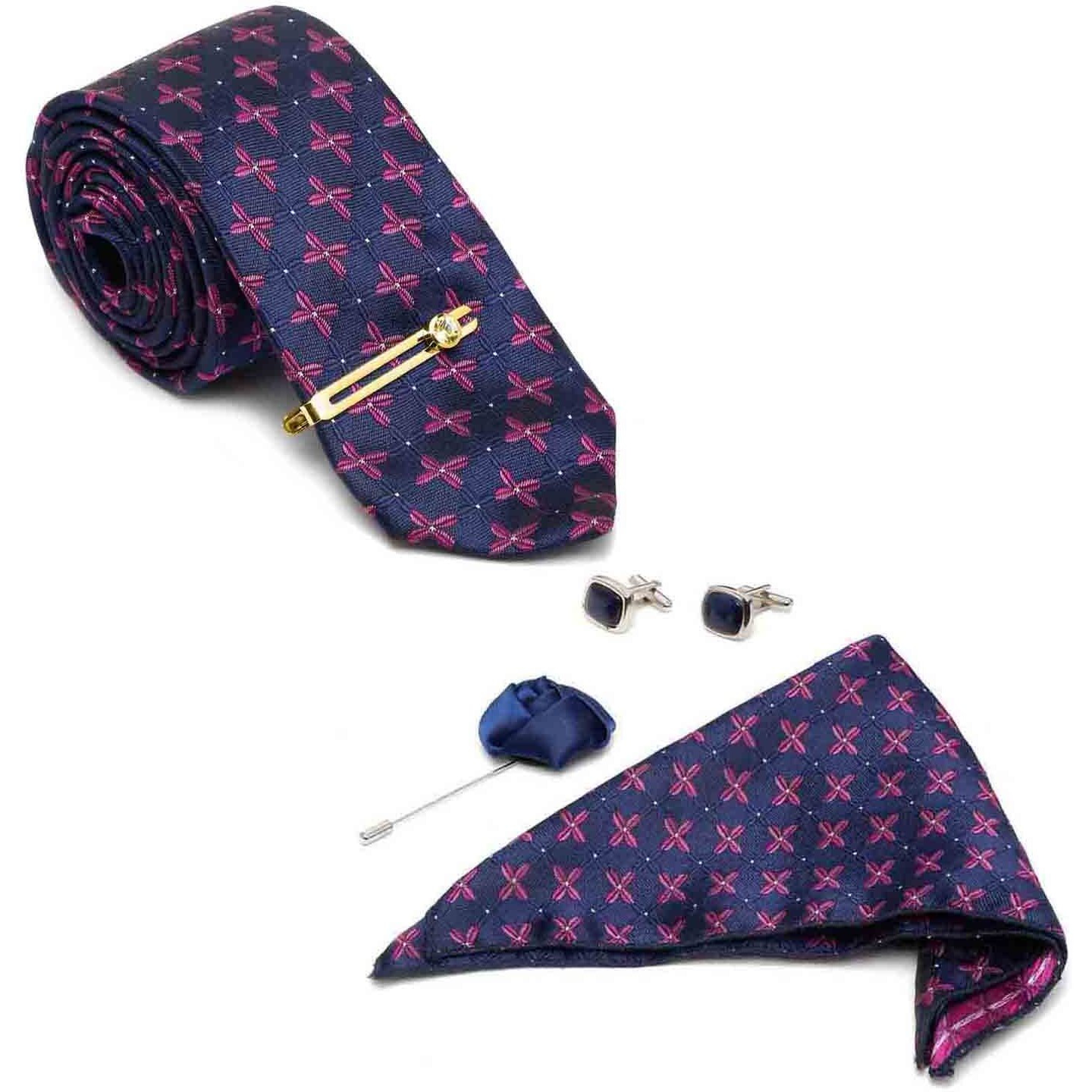 Louis Stitch Mens Indigo Blue Italian Silk Necktie Set Incl Pocket Square Cufflinks Golden Tiepin Brooch American Style Formal Tie Gift Set For Men (Tebu025Gp)