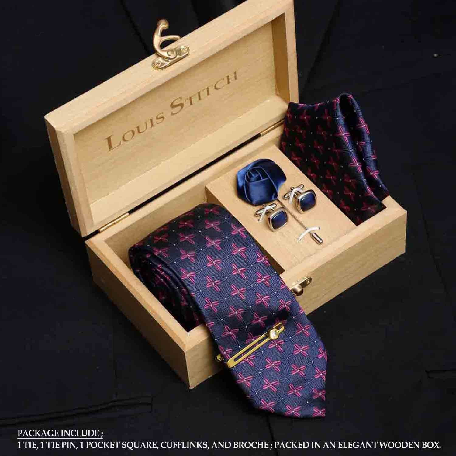 Louis Stitch Mens Indigo Blue Italian Silk Necktie Set Incl Pocket Square Cufflinks Golden Tiepin Brooch American Style Formal Tie Gift Set For Men (Tebu025Gp)