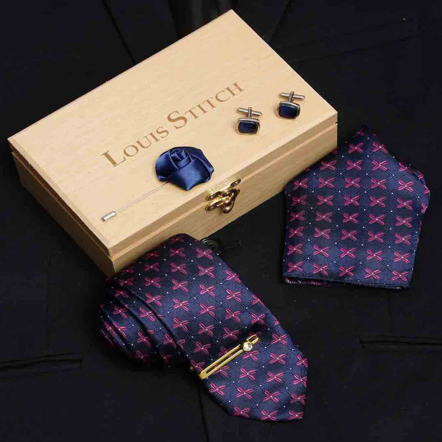 Louis Stitch Mens Indigo Blue Italian Silk Necktie Set Incl Pocket Square Cufflinks Golden Tiepin Brooch American Style Formal Tie Gift Set For Men (Tebu025Gp)