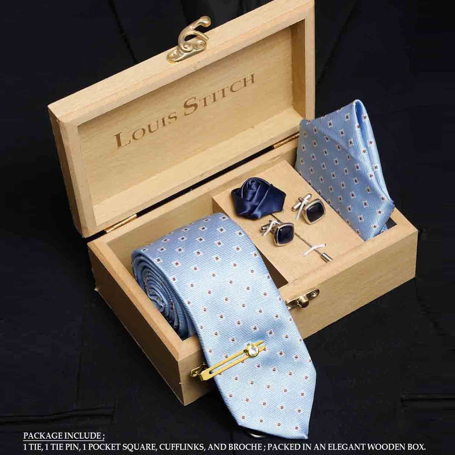 Louis Stitch Mens Baby Blue Italian Silk Necktie Set Incl Pocket Square Cufflinks Golden Tiepin Brooch American Style Formal Tie Gift Set For Men (Tebu027Gp)