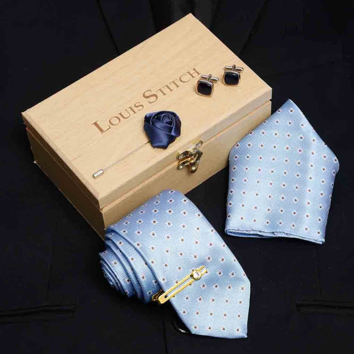 Louis Stitch Mens Baby Blue Italian Silk Necktie Set Incl Pocket Square Cufflinks Golden Tiepin Brooch American Style Formal Tie Gift Set For Men (Tebu027Gp)