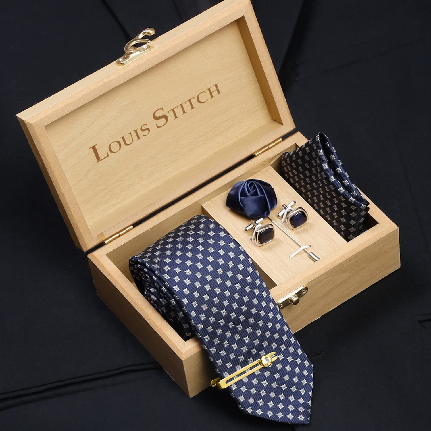 Louis Stitch Mens Aegean Blue Italian Silk Necktie Set Incl Pocket Square Cufflinks Golden Tiepin Brooch American Style Formal Tie Gift Set For Men (Tebu028Gp)