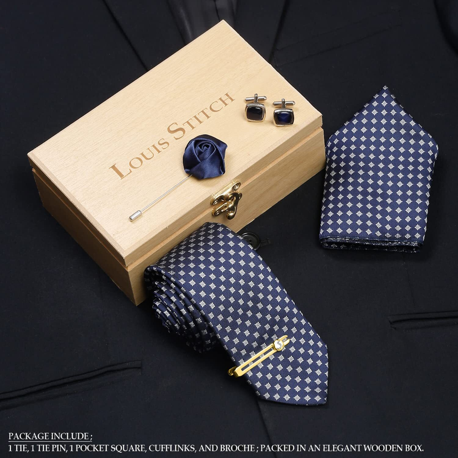 Louis Stitch Mens Aegean Blue Italian Silk Necktie Set Incl Pocket Square Cufflinks Golden Tiepin Brooch American Style Formal Tie Gift Set For Men (Tebu028Gp)