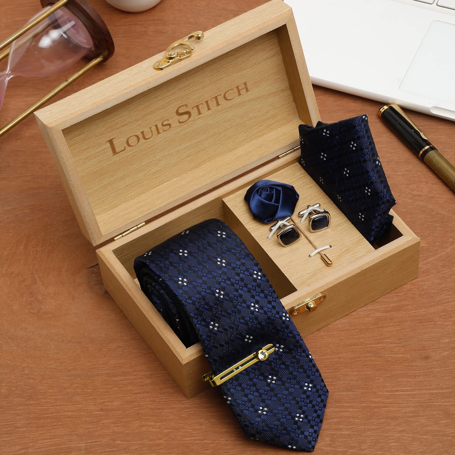 Louis Stitch Mens Denim Blue Italian Silk Necktie Set Incl Pocket Square Cufflinks Golden Tiepin Brooch American Style Formal Tie Gift Set For Men (Tebu029Gp)