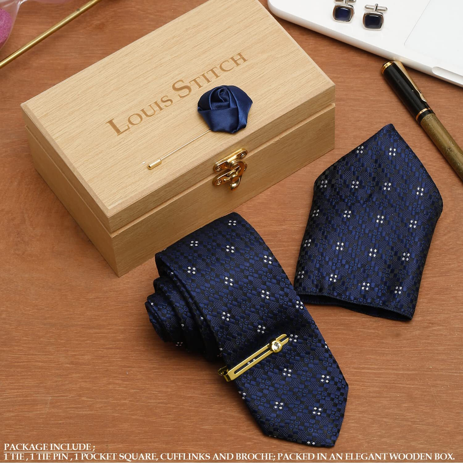 Louis Stitch Mens Denim Blue Italian Silk Necktie Set Incl Pocket Square Cufflinks Golden Tiepin Brooch American Style Formal Tie Gift Set For Men (Tebu029Gp)