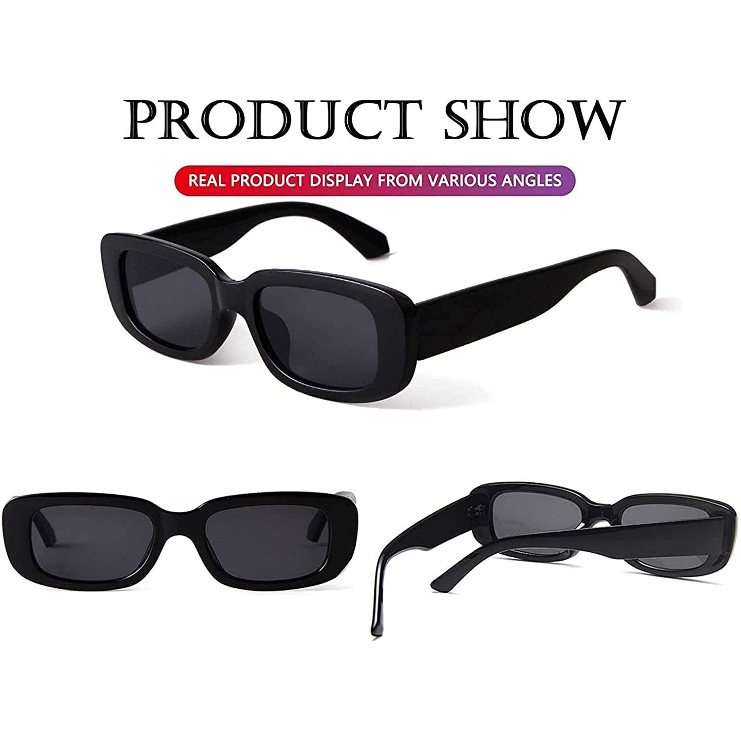 Creature Rectangular Sunglasses For Women Retro Sunlgasses Vintage Fashion Narrow Square Frame (Black)