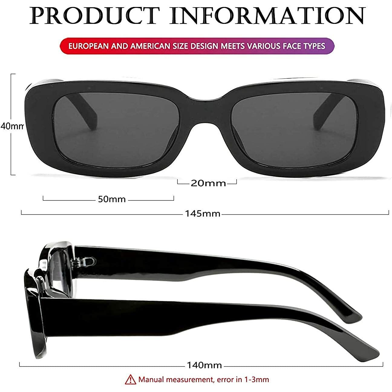 Creature Rectangular Sunglasses For Women Retro Sunlgasses Vintage Fashion Narrow Square Frame (Black)