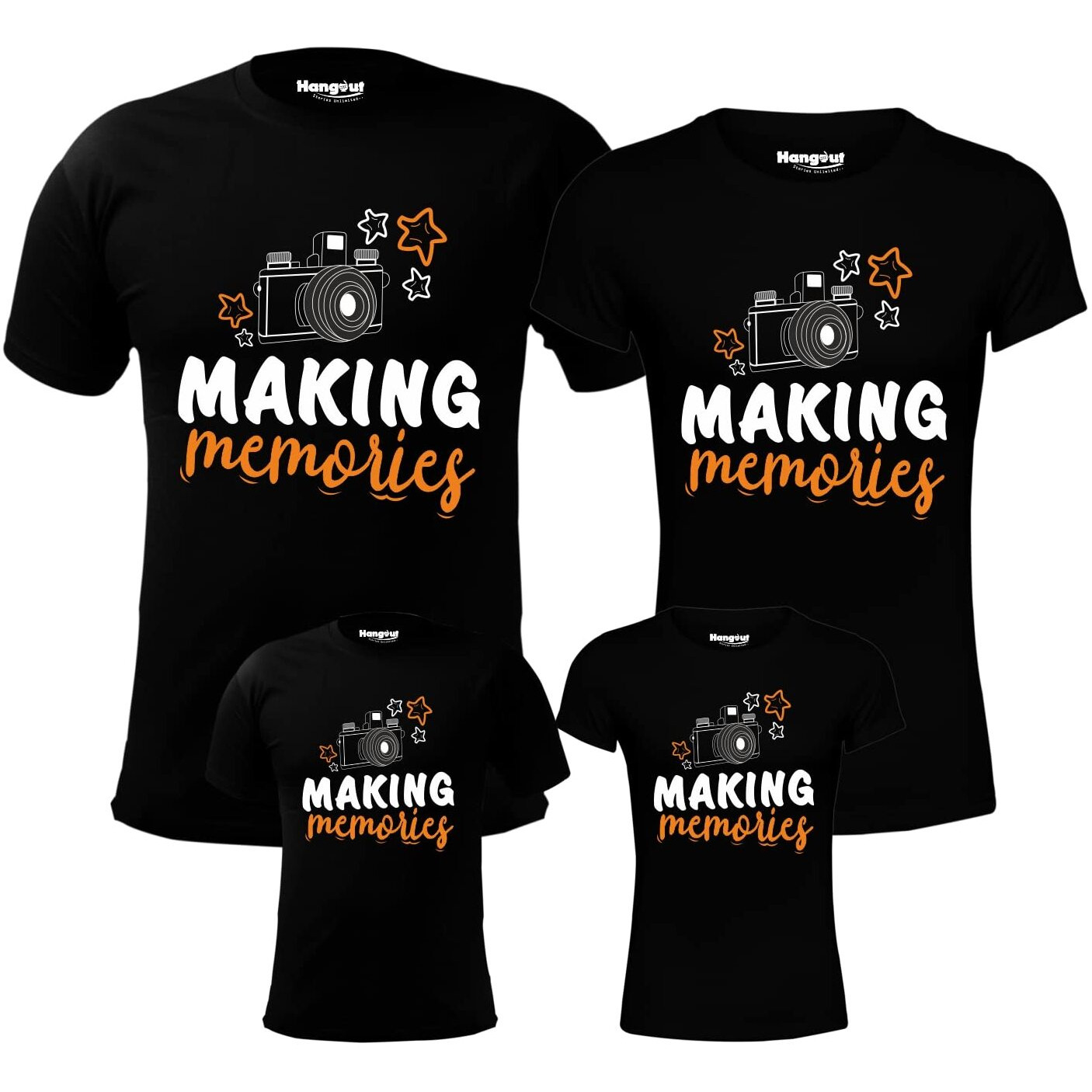 Hangout Hub Hh36 Cotton Family Matching Tshirts Making Memories Printed (BlackMen-MWomen-SBoys-10-12YrsGirls-10-12Yrs) Twinning Tees For Dad Mom Son Daughters (Set Of 4)