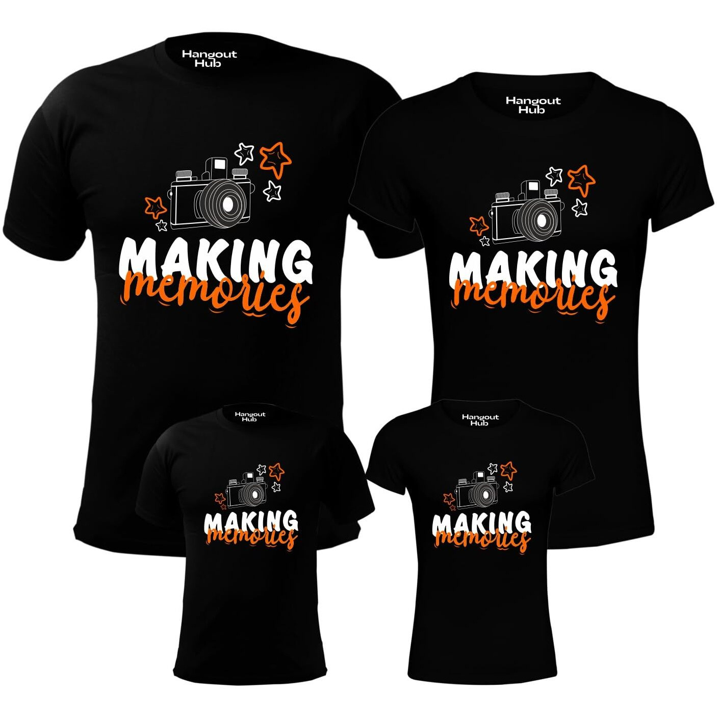 Hangout Hub T Shirt|Cotton|Regular Fit|Printed Making Memories Tshirt For Family|(BlackMen-SWomen-XlBoy-8-10YGirl-0-2Y)|Half Sleeves|Round Neck|Pack Of 4