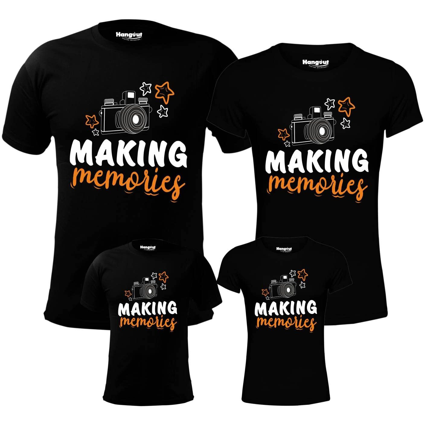 Hangout Hub T Shirt|Cotton|Regular Fit|Printed Making Memories Tshirt For Family|(BlackMen-XlWomen-SBoy-2-4YGirl-2-4Y)|Half Sleeves|Round Neck|Pack Of 4
