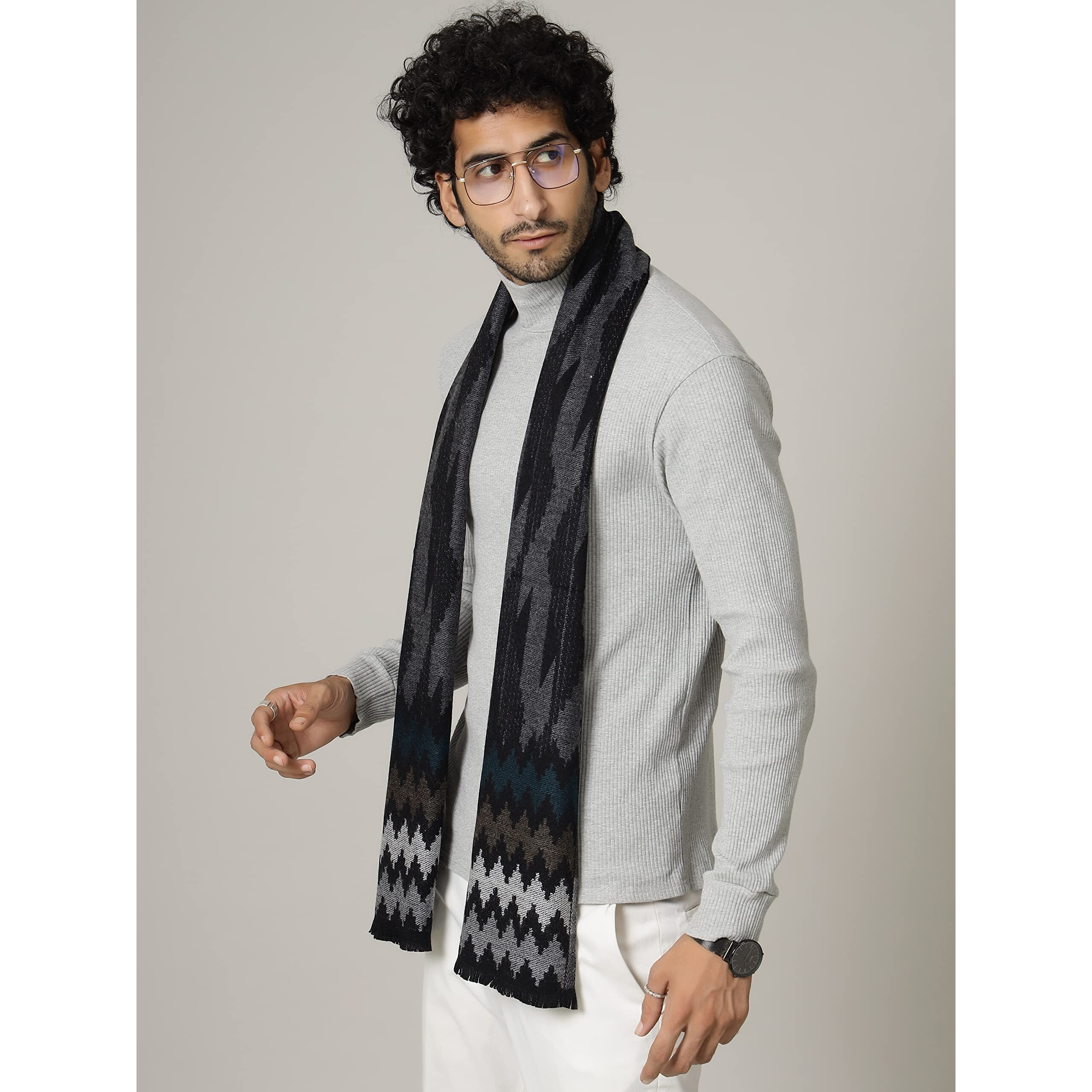 Ravaiyaa - Attitude Is Everything Pure Wool Muffler, Winter Scarf, Neck Wrap For Men's Classic & Stylish Ikat Pattern Muffler (Black)