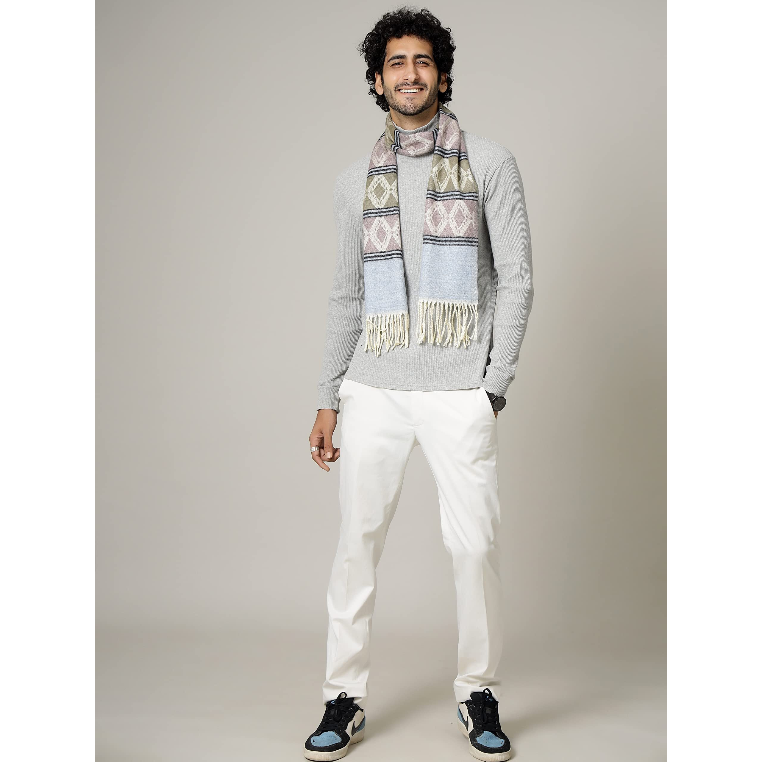 Ravaiyaa - Attitude Is Everything Men's Pure Wool Muffler, Winter Scarf Neck Wrap Diamond Pattern Stylish Muffler (Purple & Light Brown)