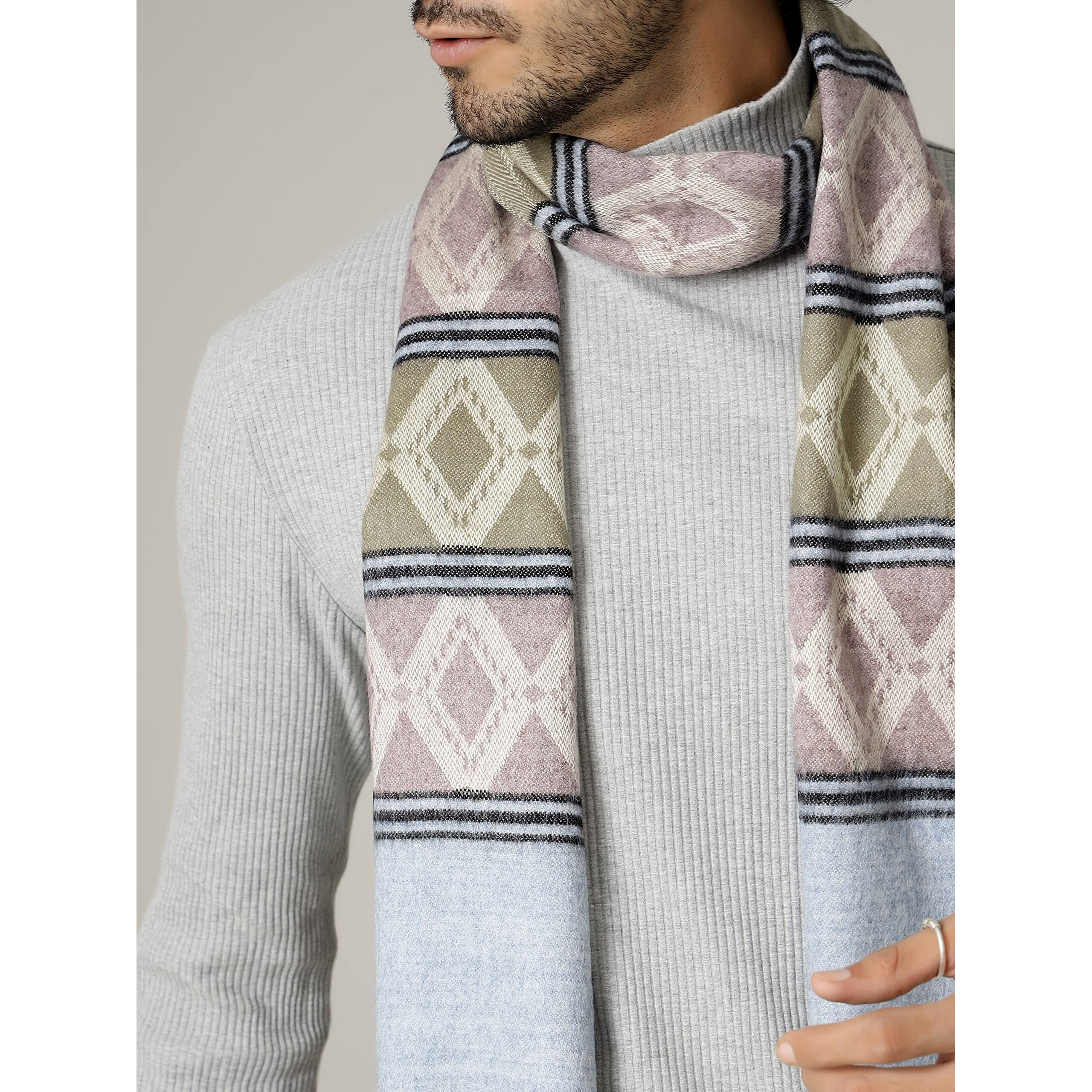 Ravaiyaa - Attitude Is Everything Men's Pure Wool Muffler, Winter Scarf Neck Wrap Diamond Pattern Stylish Muffler (Purple & Light Brown)