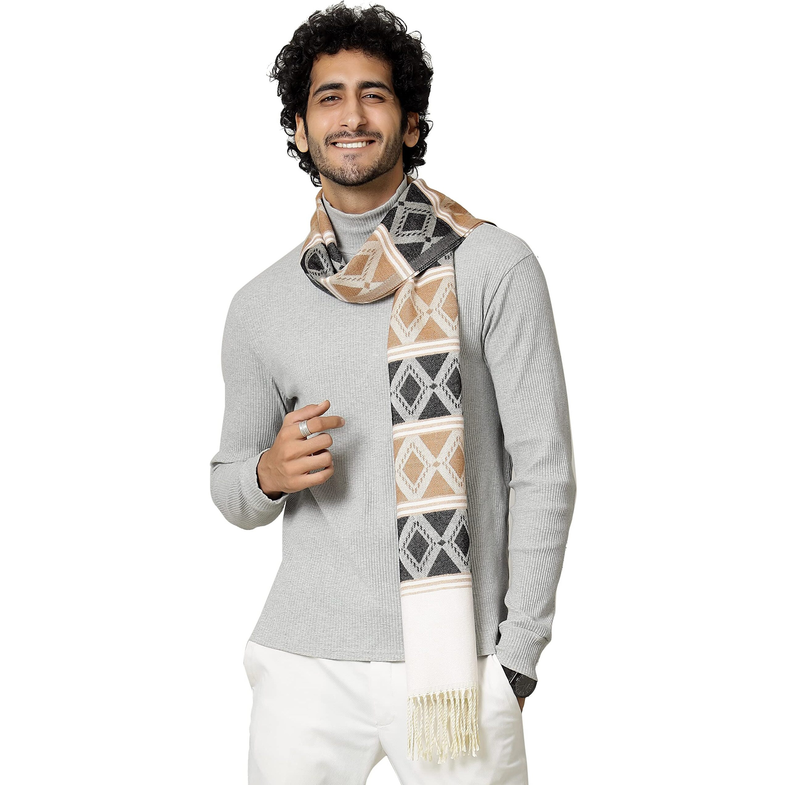 Ravaiyaa - Attitude Is Everything Men's Pure Wool Muffler, Winter Scarf Neck Wrap Diamond Pattern Stylish Muffler (Black & Peach)