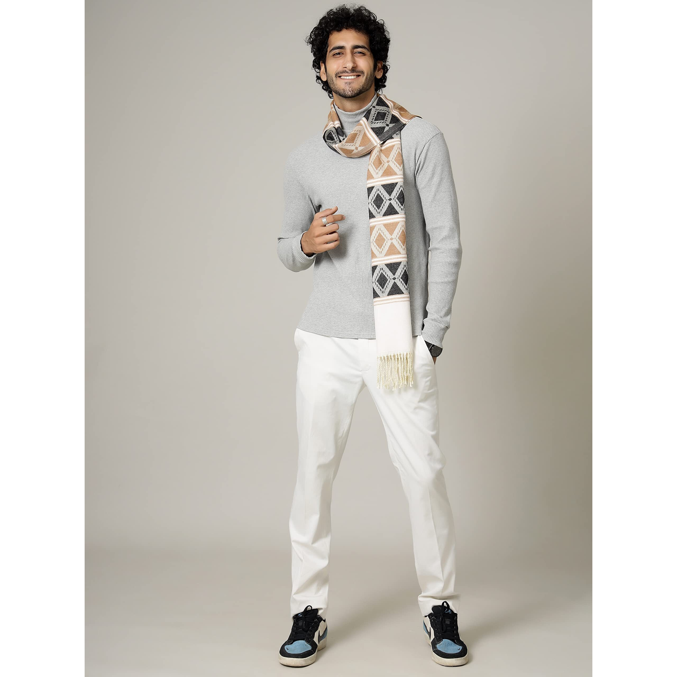 Ravaiyaa - Attitude Is Everything Men's Pure Wool Muffler, Winter Scarf Neck Wrap Diamond Pattern Stylish Muffler (Black & Peach)