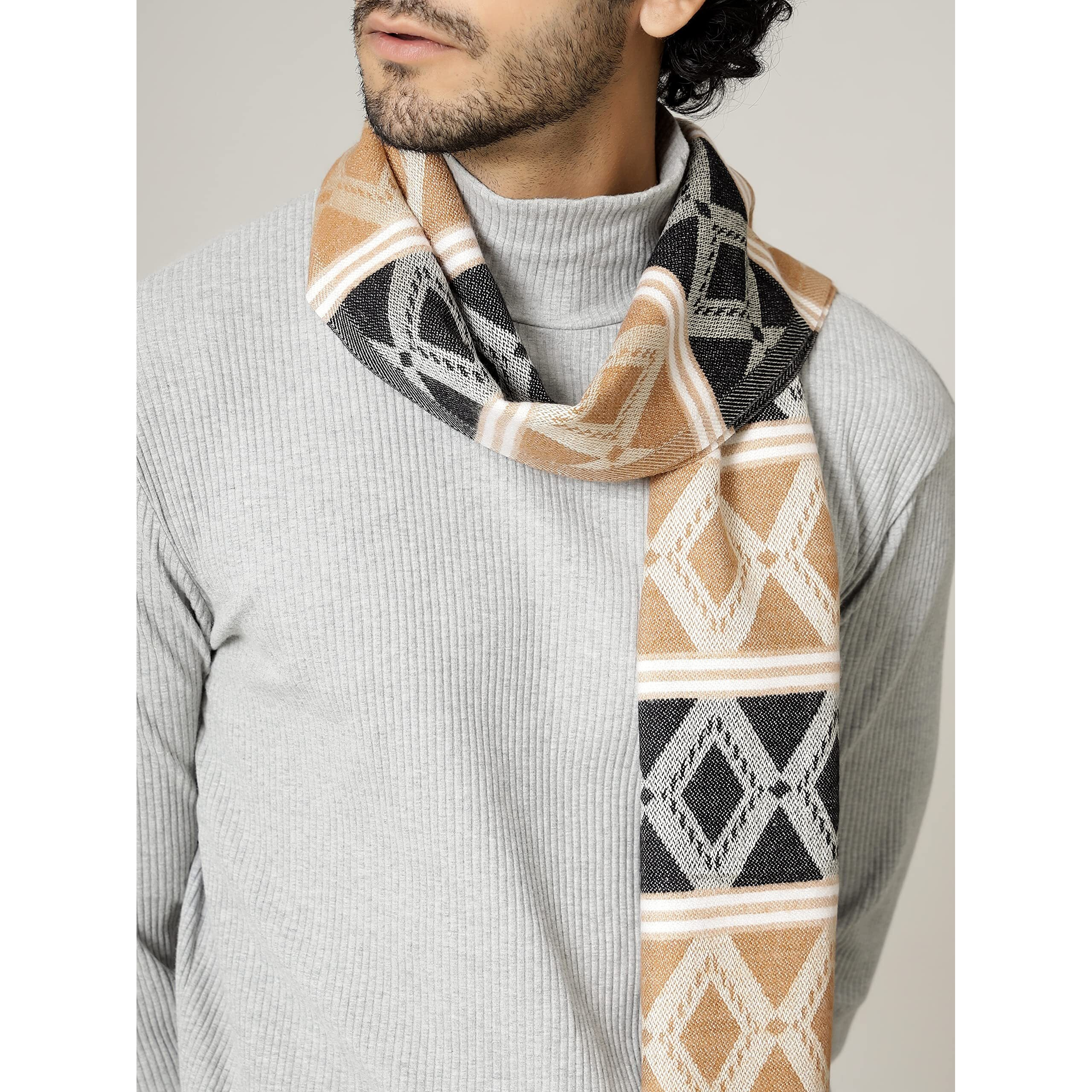 Ravaiyaa - Attitude Is Everything Men's Pure Wool Muffler, Winter Scarf Neck Wrap Diamond Pattern Stylish Muffler (Black & Peach)