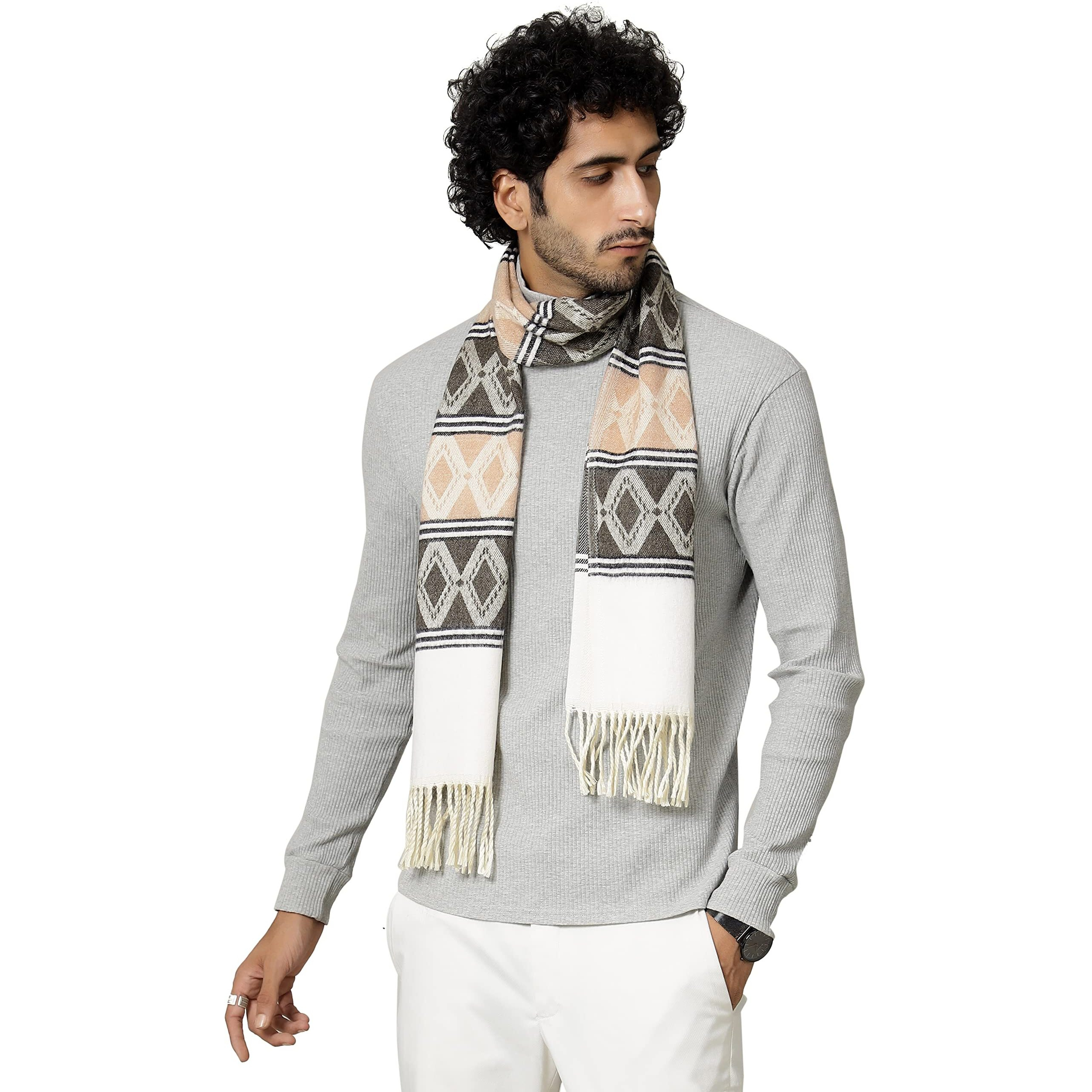 Ravaiyaa - Attitude Is Everything Men's Pure Wool Muffler, Winter Scarf Neck Wrap Diamond Pattern Stylish Muffler (Brown & Peach)
