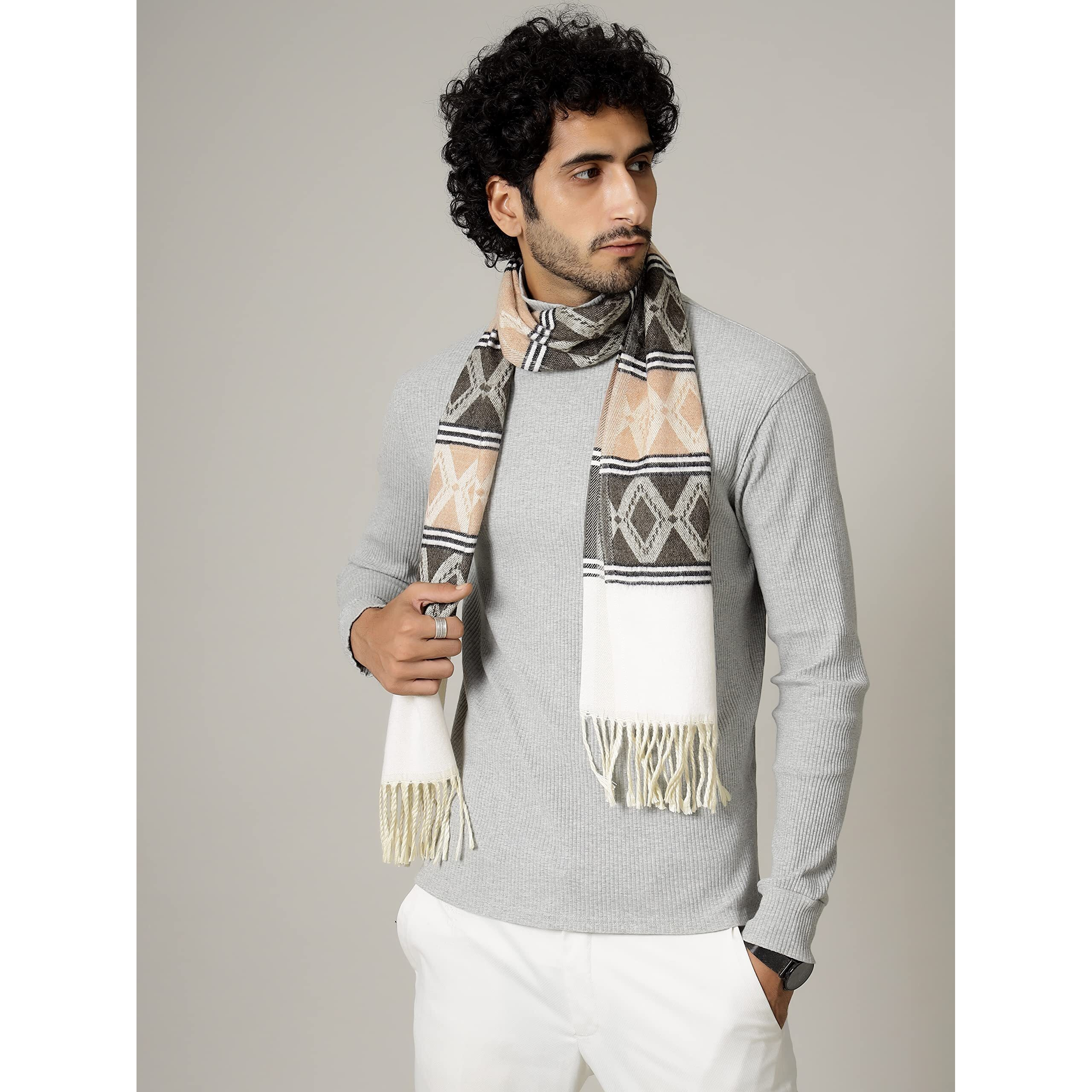 Ravaiyaa - Attitude Is Everything Men's Pure Wool Muffler, Winter Scarf Neck Wrap Diamond Pattern Stylish Muffler (Brown & Peach)