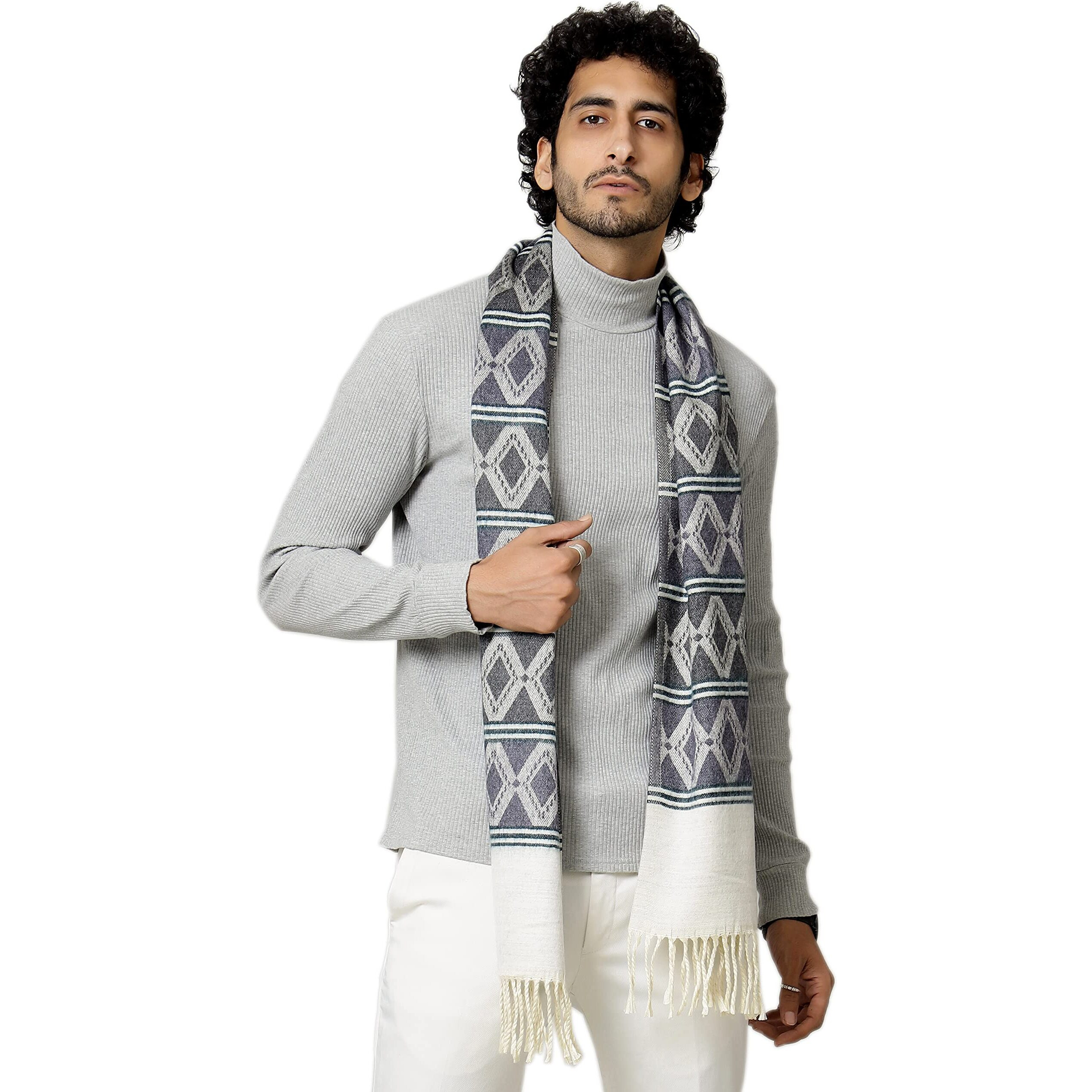 Ravaiyaa - Attitude Is Everything Men's Pure Wool Muffler, Winter Scarf Neck Wrap Diamond Pattern Stylish Muffler (Blue)