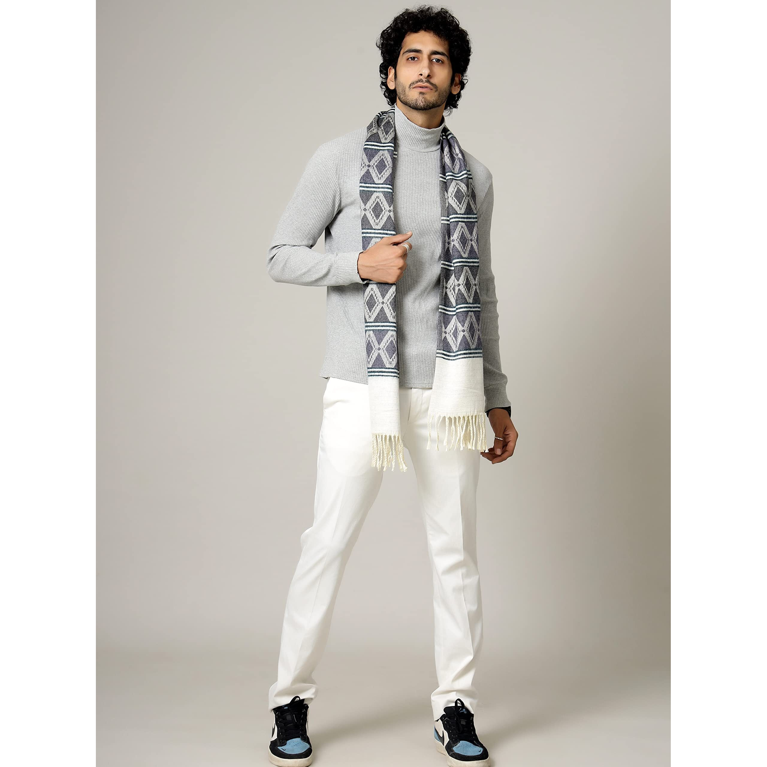 Ravaiyaa - Attitude Is Everything Men's Pure Wool Muffler, Winter Scarf Neck Wrap Diamond Pattern Stylish Muffler (Blue)