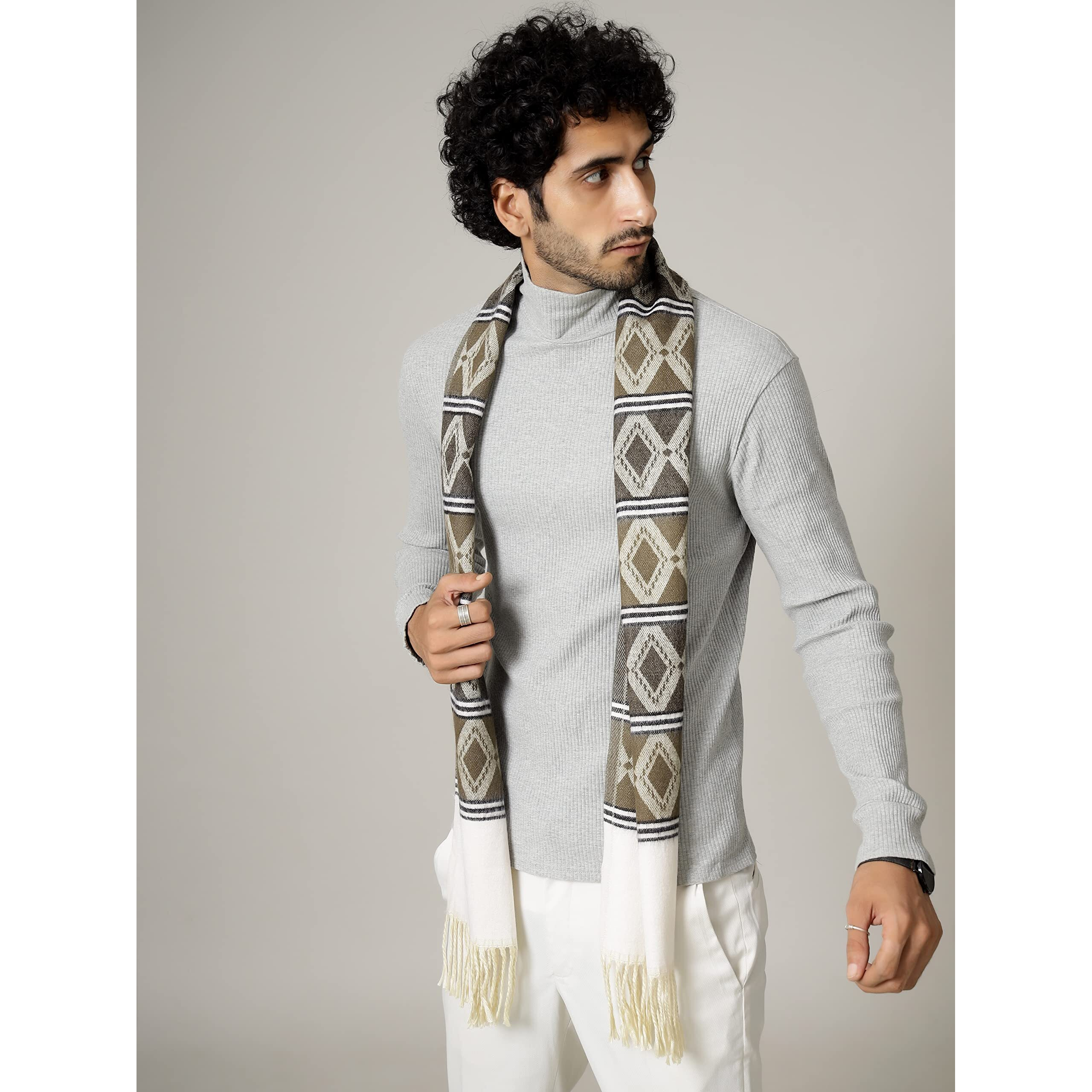 Ravaiyaa - Attitude Is Everything Men's Pure Wool Muffler, Winter Scarf Neck Wrap Diamond Pattern Stylish Muffler (Brown)