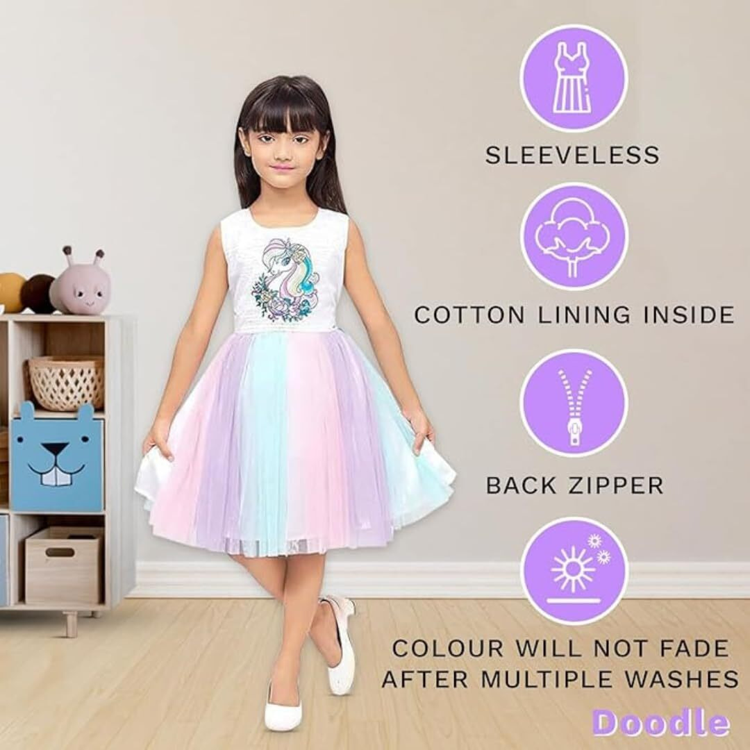 Doodle Unicorn Dress For Girls | Breathable Kids Frock & Dresses | Western Frocks With Waist Tie & Back Zip | Sleeveless & Knee Length (White With Rainbow Flare | 3 To 4 Years)