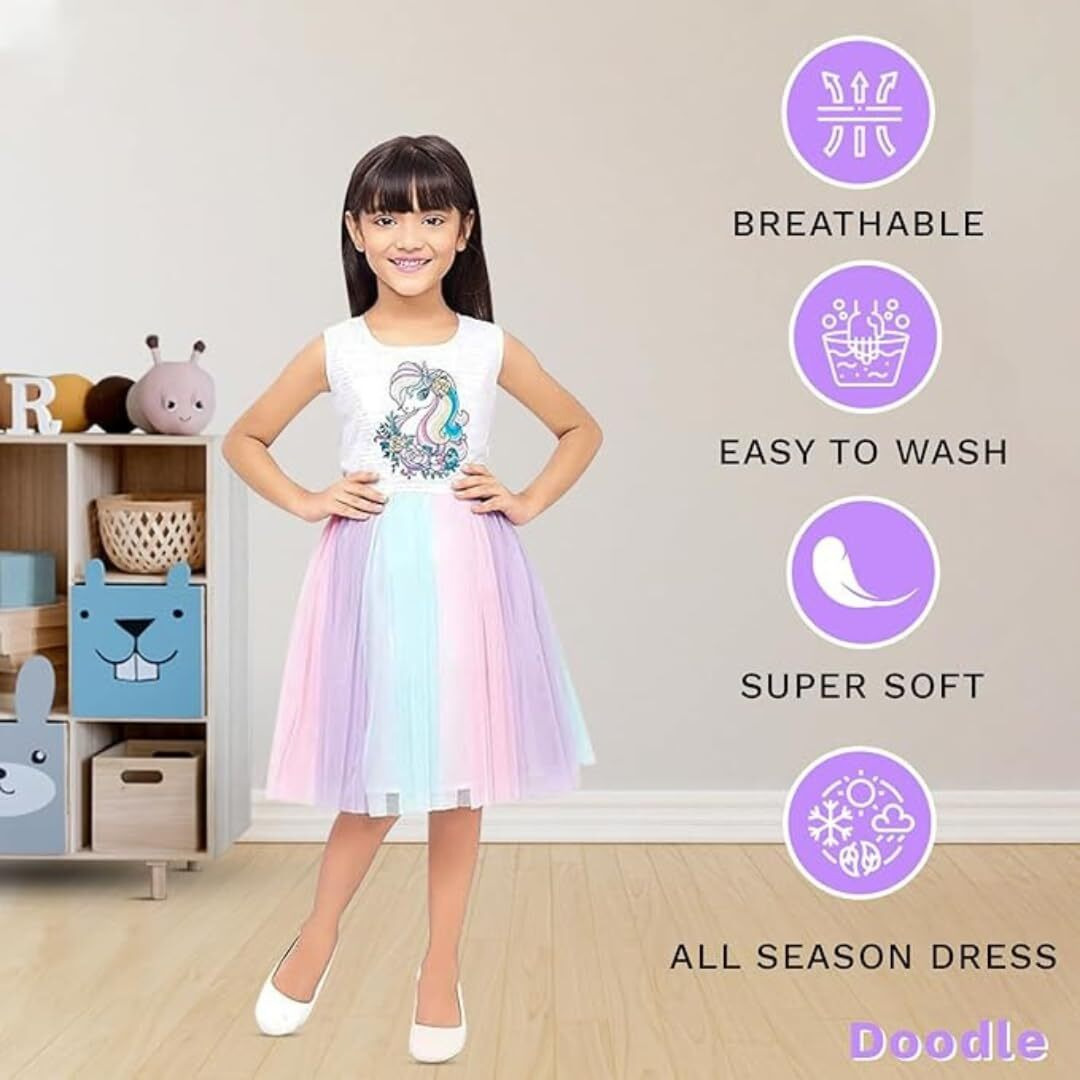 Doodle Unicorn Dress For Girls | Breathable Kids Frock & Dresses | Western Frocks With Waist Tie & Back Zip | Sleeveless & Knee Length (White With Rainbow Flare | 3 To 4 Years)
