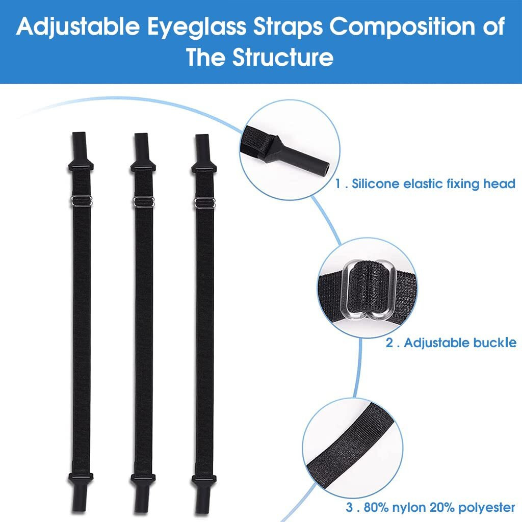 Hasthip 3Pcs Adjustable Glasses Straps No Tail Eyewear Retainer Anti-Slip Elastic Eyeglasses Strap Holder Sunglasses Straps For Adults Men Women (Black)