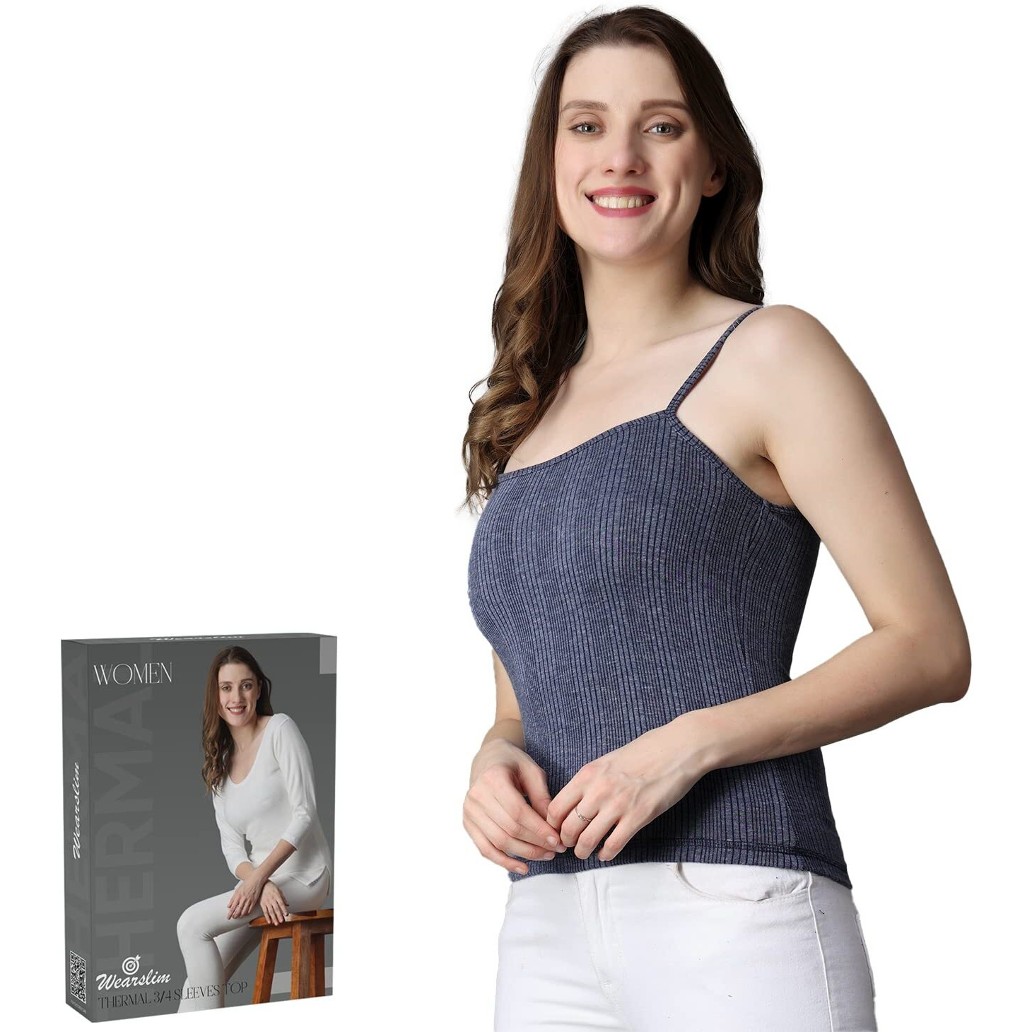 Wearslim Premium Cotton Quilted Thermal Underwear For Women Ultra Soft Cold Weather Lightweight Top Spaghetti Warmer - Blue (Medium) Pack Of 1