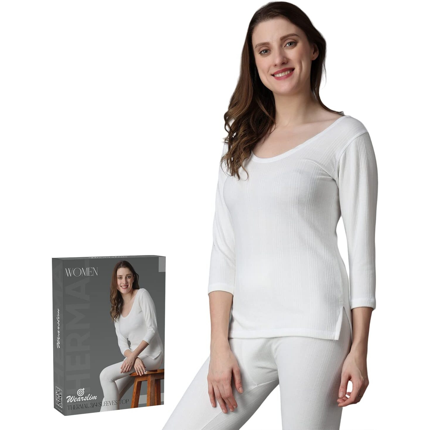 Wearslim Winter Warmer Thermal Vest For Women 3/4 Sleeves Ultra Soft Scoop Neck Winter Inner Wear Top Johns Underwear Color - White (Size - Small)