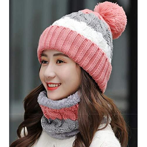 Alexvyan Twist Color Winter Very Soft Warm 1 Set Snow Proof Knitted Ball Cap (Inside Fur) Woolen Beanie Cap + Neck Muffler Scarf Set For Ladies Women Girl (Pink)