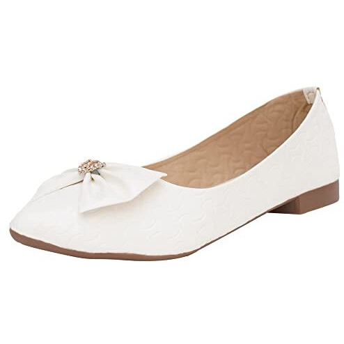 Xe Looks Women's White Ballerina Flats | Textured Design With Stylish Bow Detail | Cushioned Footbed For Comfort | Lightweight Slip-On Ballerina For Girls & Women