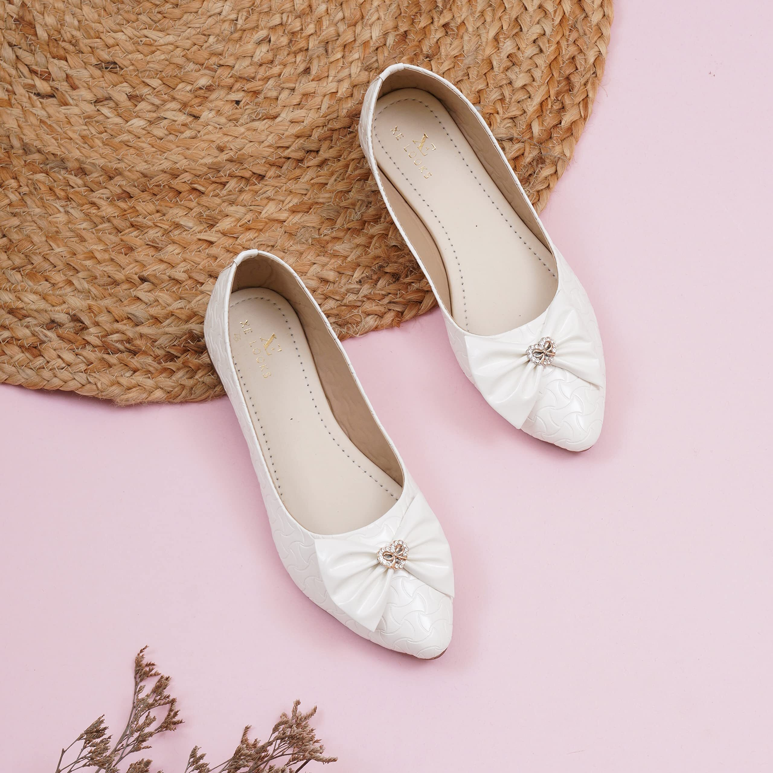 Xe Looks Women's White Ballerina Flats | Textured Design With Stylish Bow Detail | Cushioned Footbed For Comfort | Lightweight Slip-On Ballerina For Girls & Women