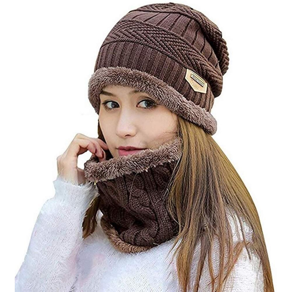 Alexvyan 150 Grams (2 Pcs - Cap And Scarf) - Imported Soft Warm Snow And Air Proof Fleece Knitted Cap (Inside Fur) Woolen Beanie Winter Cap With Scarf For Women Girl Ladies (Dark Brown)