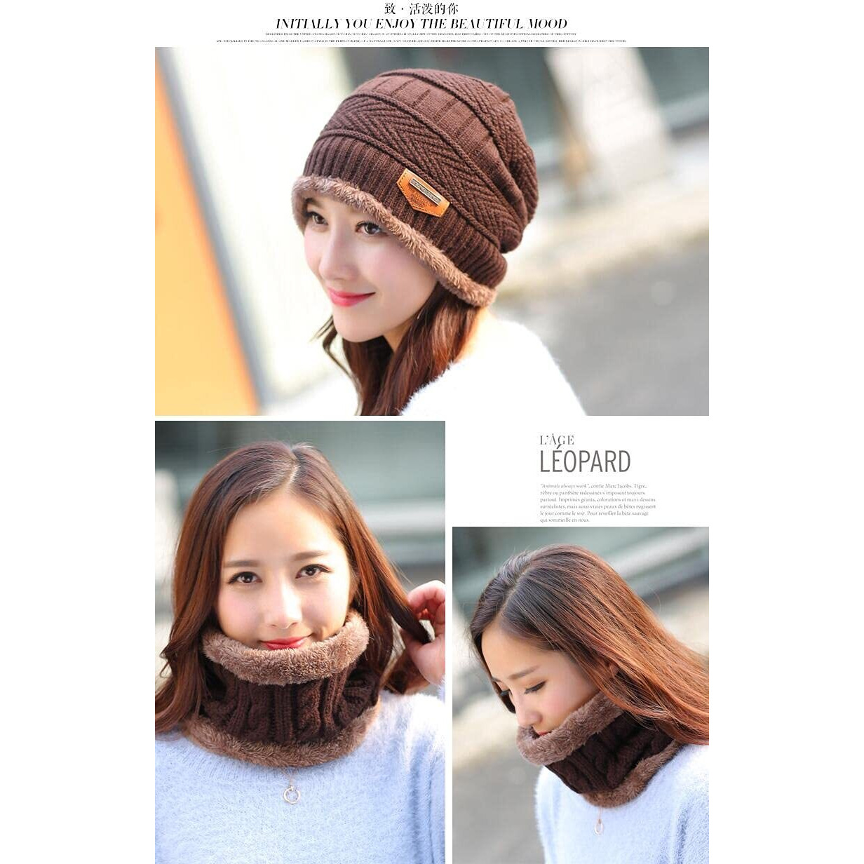 Alexvyan 150 Grams (2 Pcs - Cap And Scarf) - Imported Soft Warm Snow And Air Proof Fleece Knitted Cap (Inside Fur) Woolen Beanie Winter Cap With Scarf For Women Girl Ladies (Dark Brown)