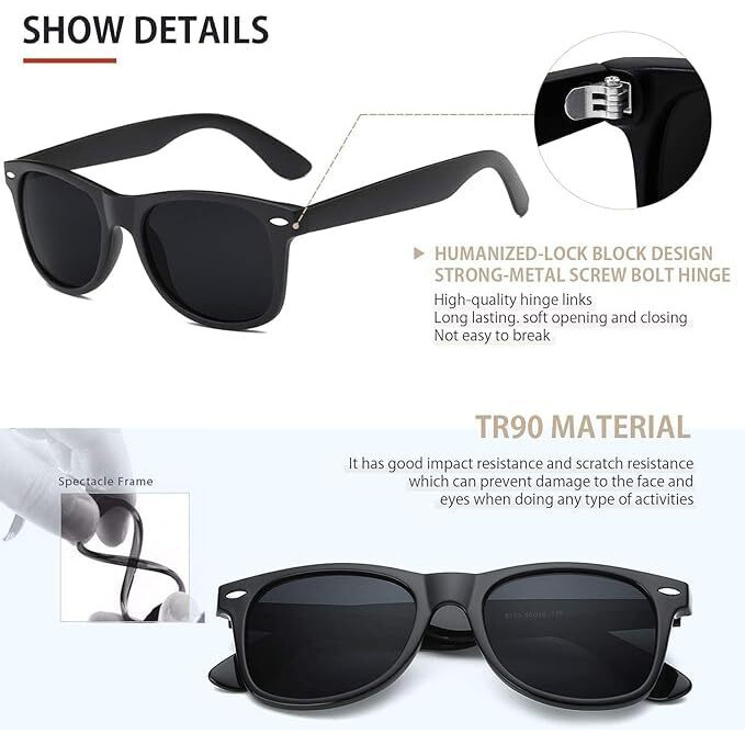 Black Jones Mens Sunglasses - Retro Sunglasses For Men, Polarized Sunglasses For Womens - Cool Shades For Driving, Fishing Wayfarer (Black Medium)