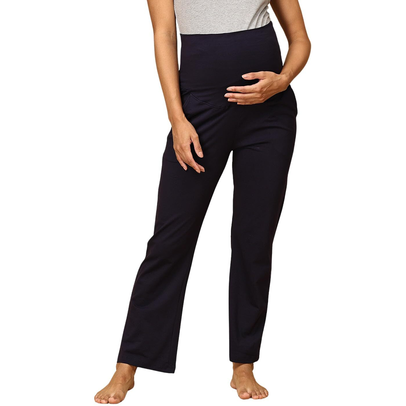 The Mom Store Comfortable Maternity Trackpants | Stretchable | Soft | Pre And Post Pregnancy | Wide Belly Band Support | Solid | Navy Blue | Xl