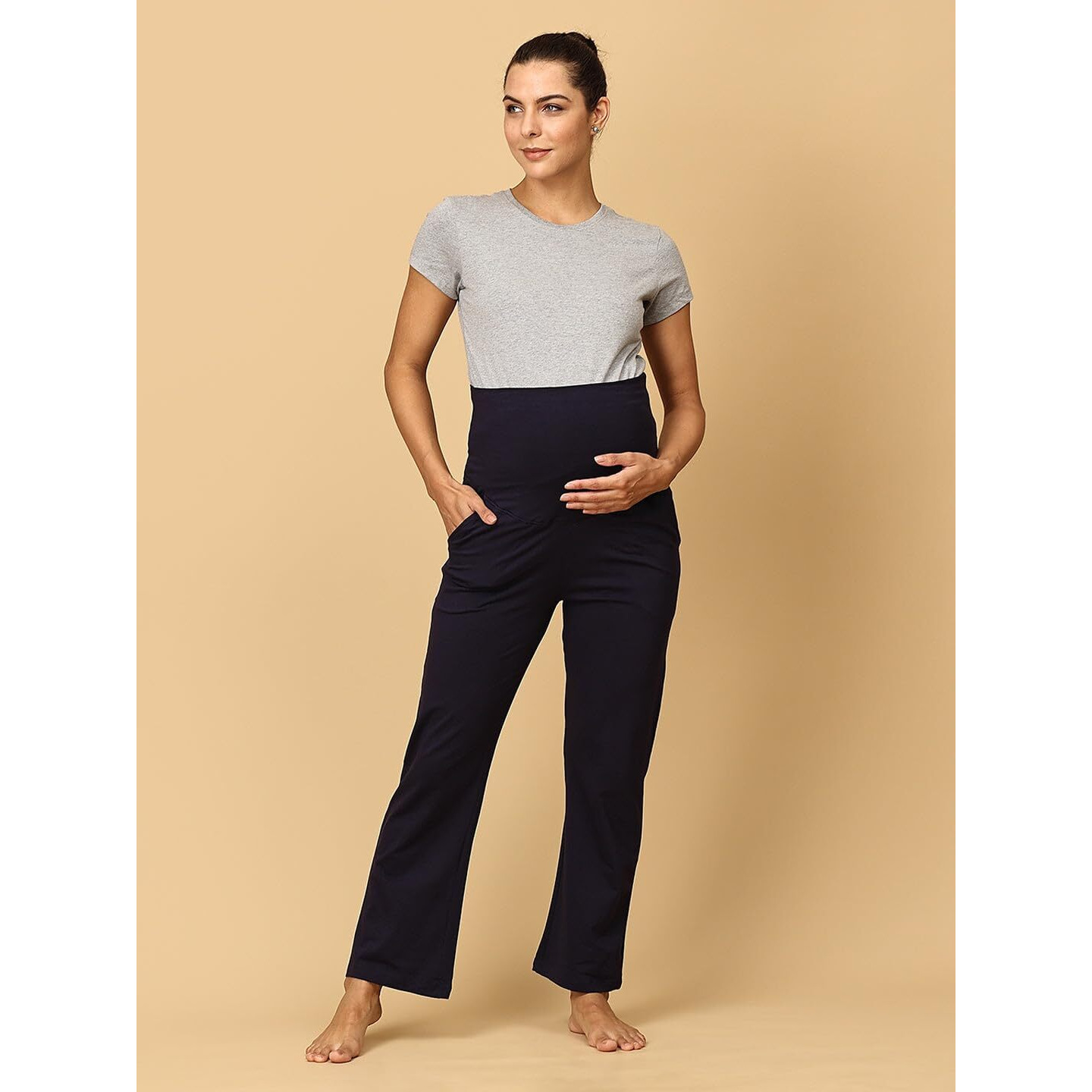 The Mom Store Comfortable Maternity Trackpants | Stretchable | Soft | Pre And Post Pregnancy | Wide Belly Band Support | Solid | Navy Blue | Xl